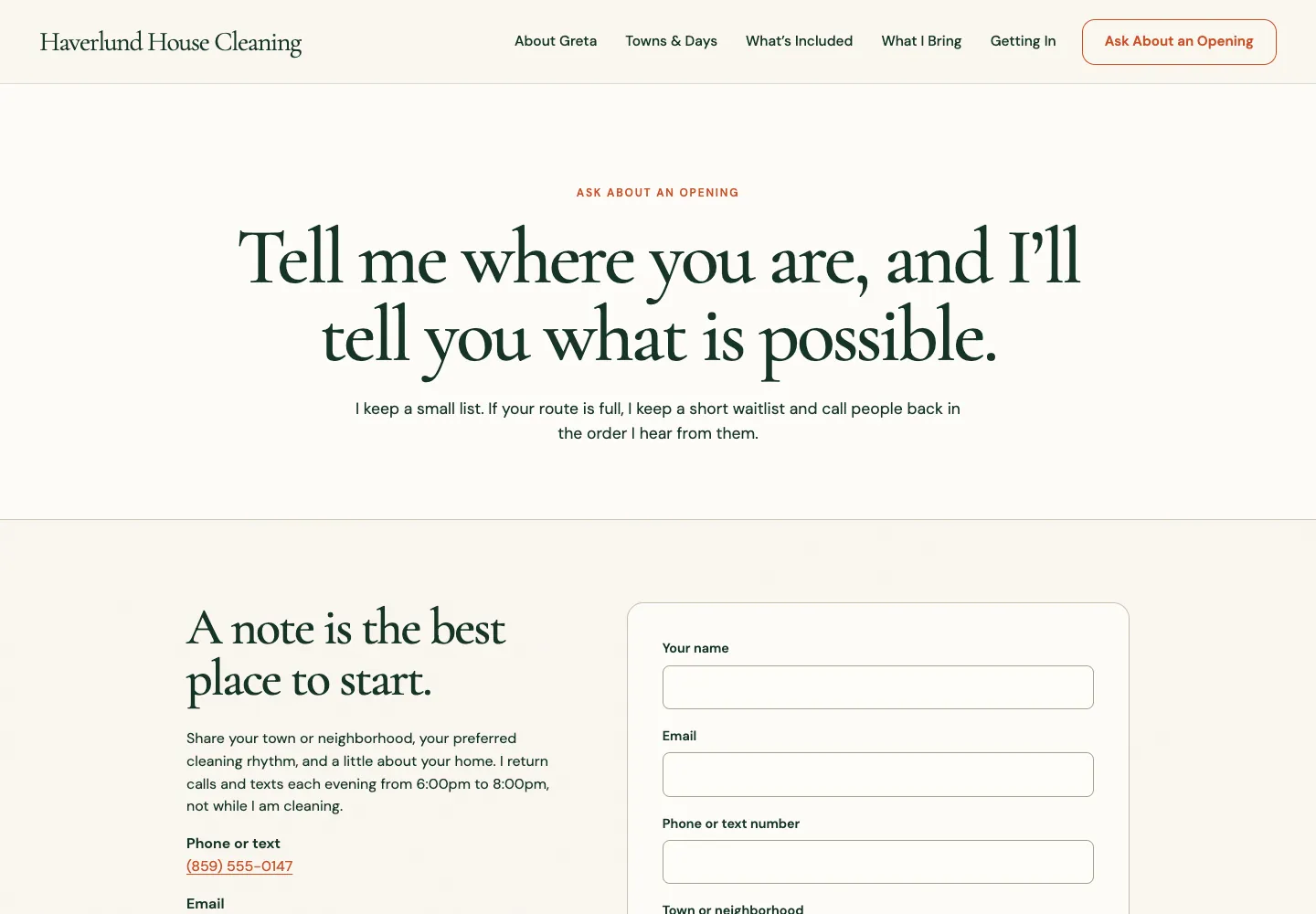 Haverlund House Cleaning Ask About an Opening page, built by Theo: the heading Tell me where you are, and I'll tell you what is possible, the waitlist line, the evening callback hours, and the start of a short form