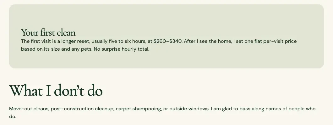 Haverlund House Cleaning prices page, built by Theo: a Your first clean box saying the first visit is a longer reset of five to six hours at $260 to $340, then a flat per-visit price, and a What I don't do line below it