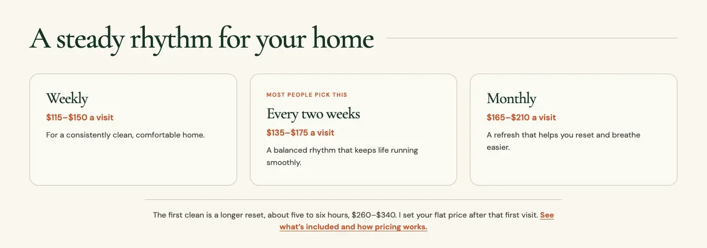 Haverlund House Cleaning price cards, built by Theo: weekly, every two weeks and monthly visits, the middle card marked Most people pick this