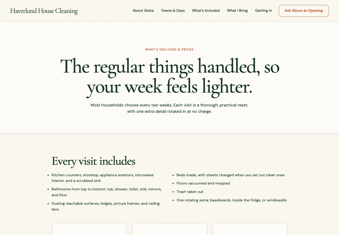 Prices page of Haverlund House Cleaning, built by Theo