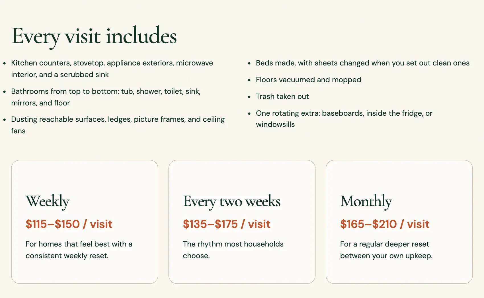 Haverlund House Cleaning's What's included and prices page, built by Theo: a list of what every visit includes above three price cards for weekly, every two weeks and monthly visits