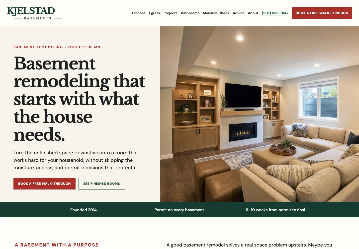 Kjelstad Basements page Basement Remodeling in Rochester, MN, built by Theo, with the city above the headline and a Book a free walk-through button