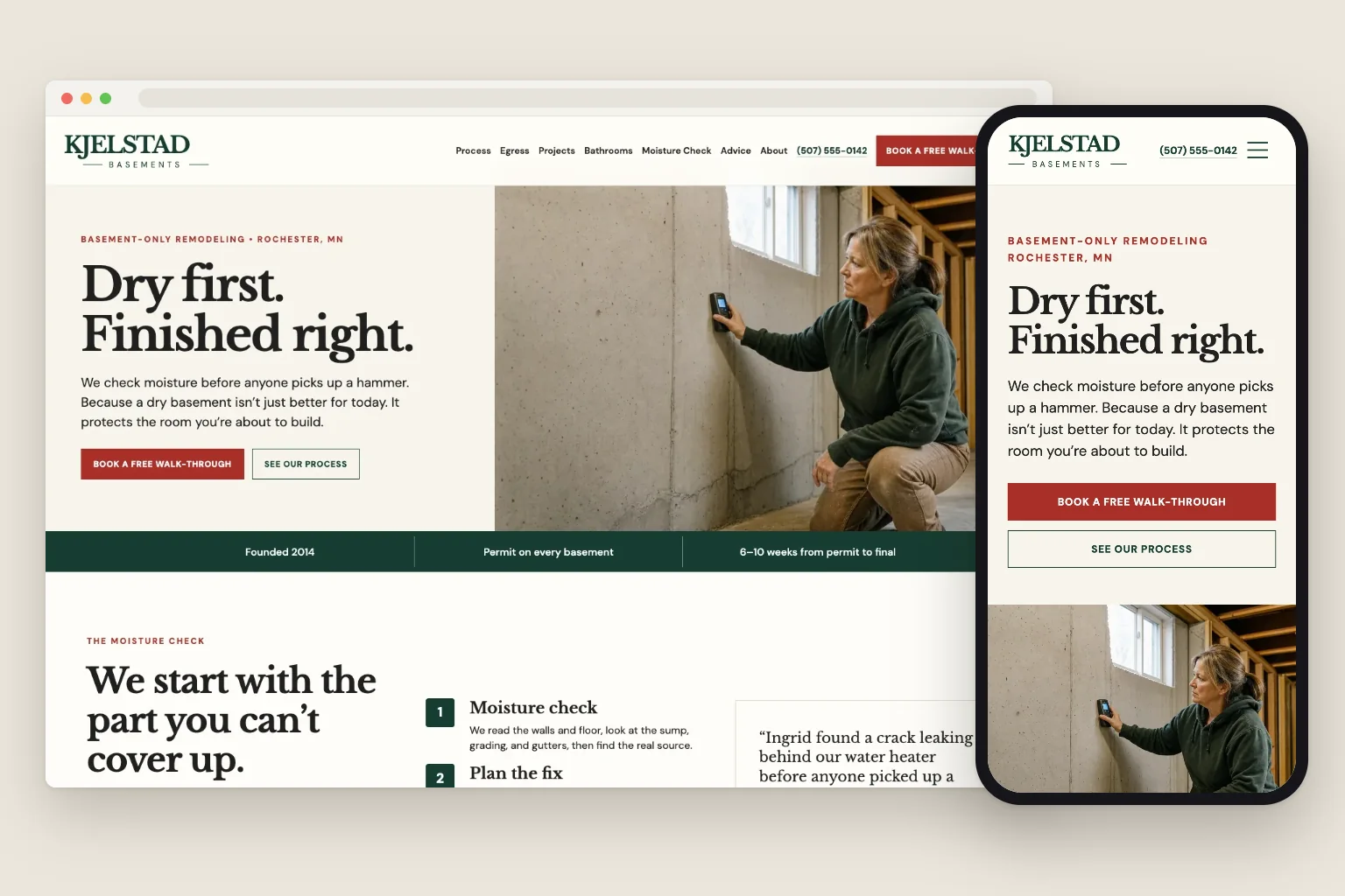 Kjelstad Basements home page on a computer and a phone, built by Theo