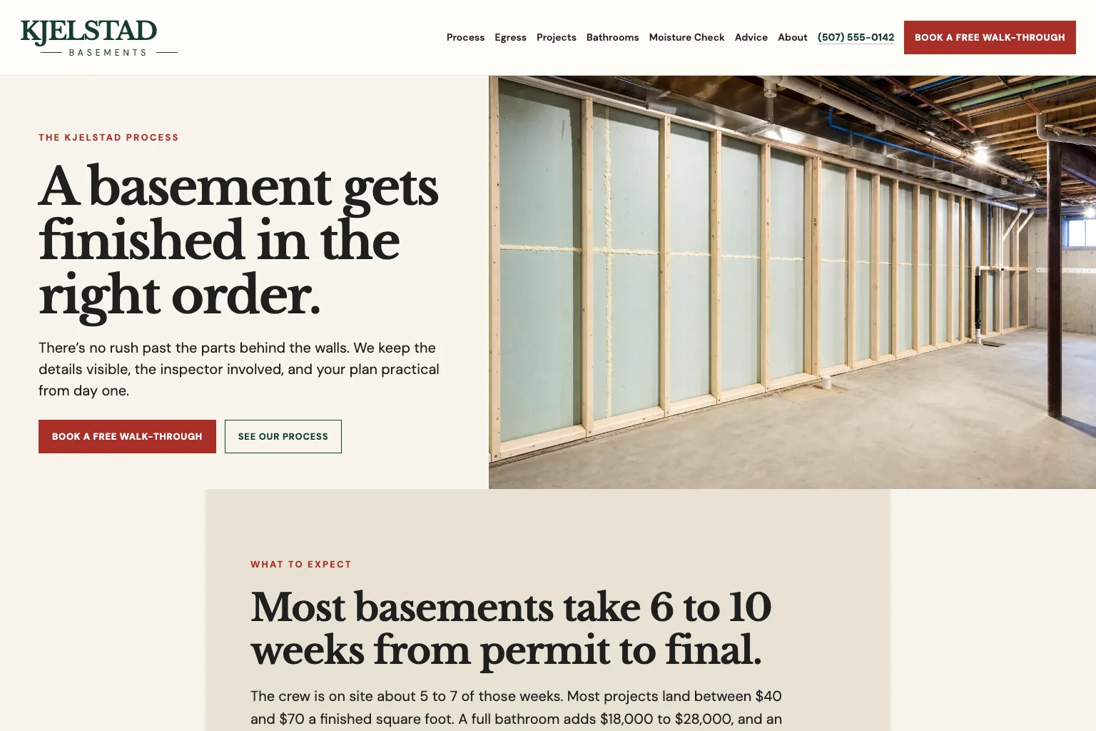 The process page of Kjelstad Basements, built by Theo