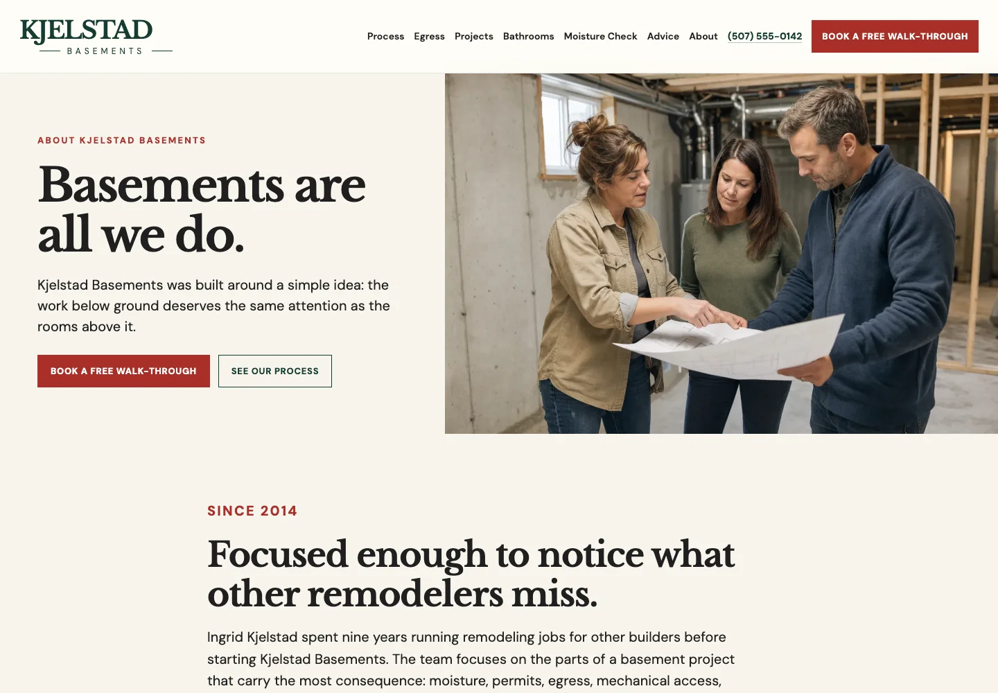 Kjelstad Basements About page, built by Theo: the headline Basements are all we do and three people going over a plan in an unfinished basement