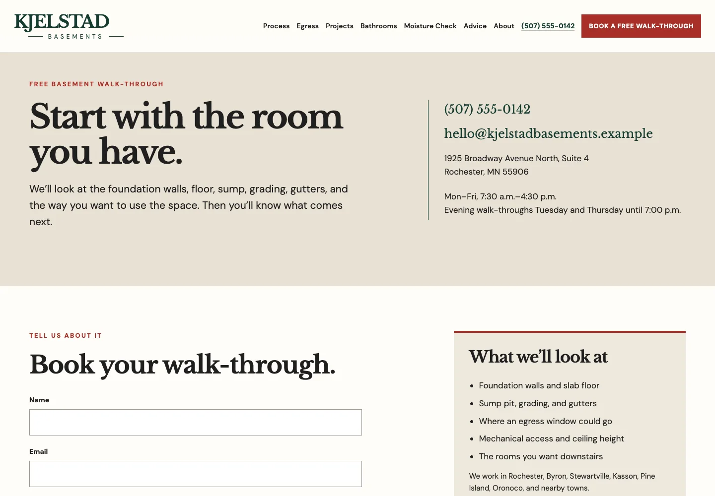 Kjelstad Basements contact page, built by Theo: the heading Start with the room you have, phone, email, address, weekday hours and evening walk-throughs, the start of the walk-through form and a What we'll look at list