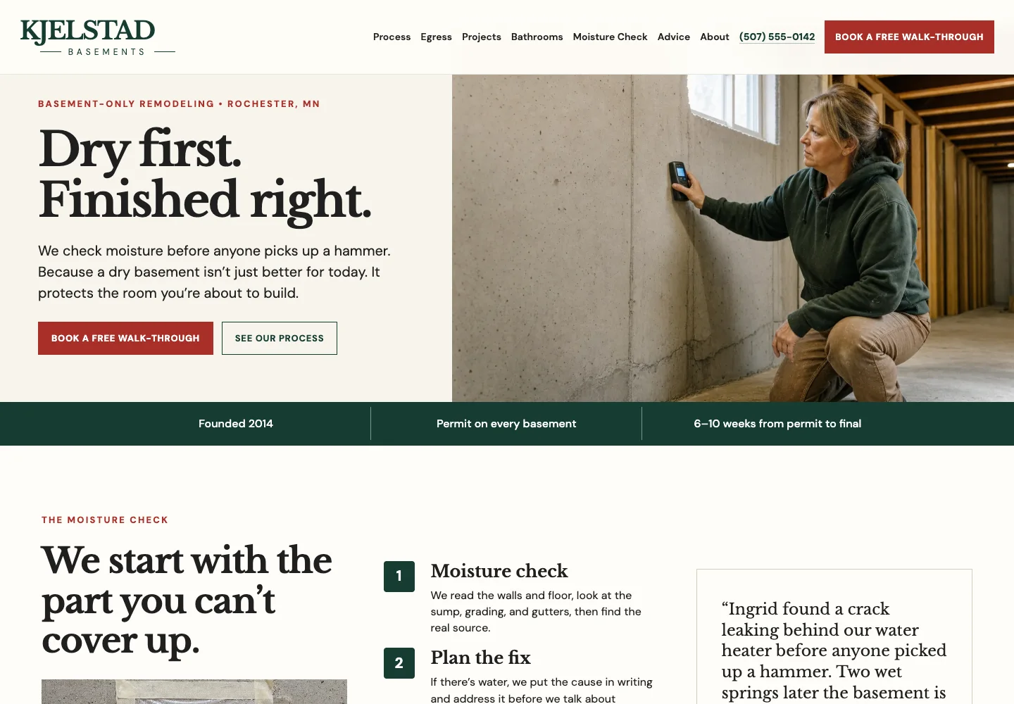 A basement finishing company homepage with a clear service area, proof points and a free walk-through request, built by Theo