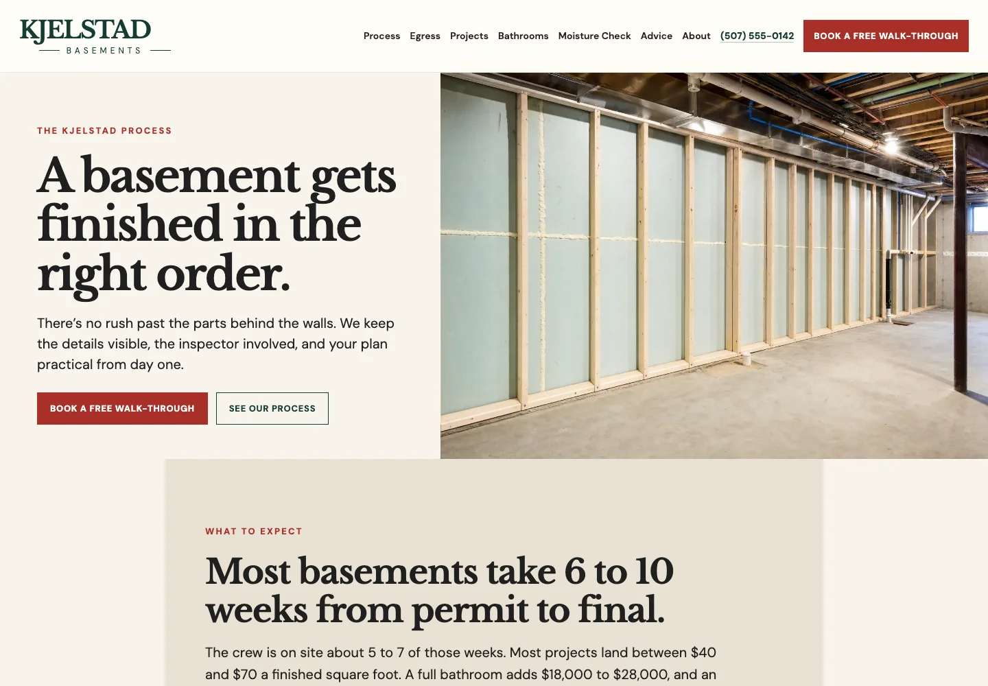 Kjelstad Basements process page, built by Theo: the headline A basement gets finished in the right order, then What to expect, with 6 to 10 weeks from permit to final and a price range per finished square foot