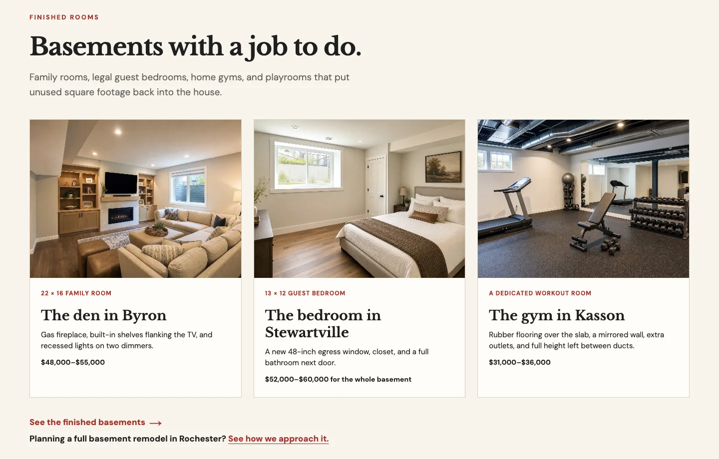 Kjelstad Basements home page, built by Theo: three finished basements titled by town, The den in Byron, The bedroom in Stewartville and The gym in Kasson, each with what went in and its price, and under them a line that links to the Rochester basement remodeling page
