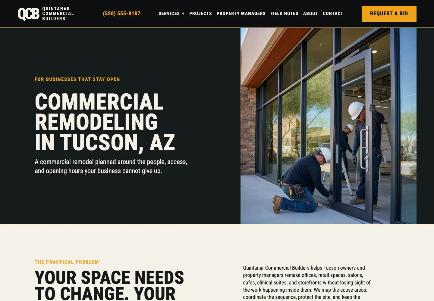 Quintanar Commercial Builders page Commercial Remodeling in Tucson, AZ, built by Theo, with a crew fitting a storefront door