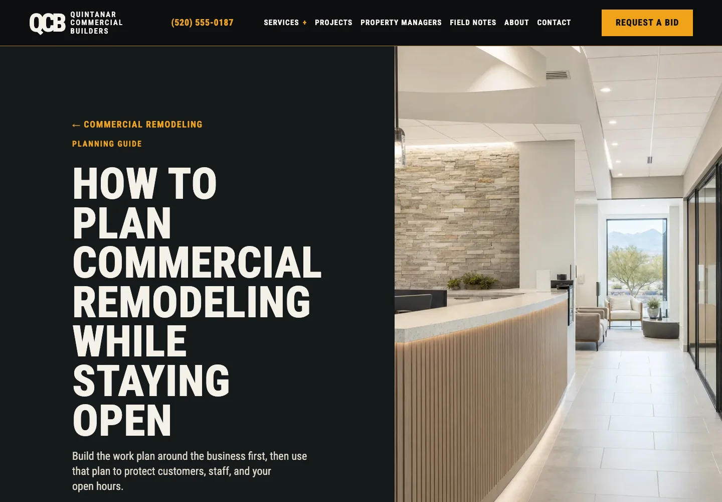 Quintanar Commercial Builders guide How to Plan Commercial Remodeling While Staying Open, built by Theo, beside a finished reception area