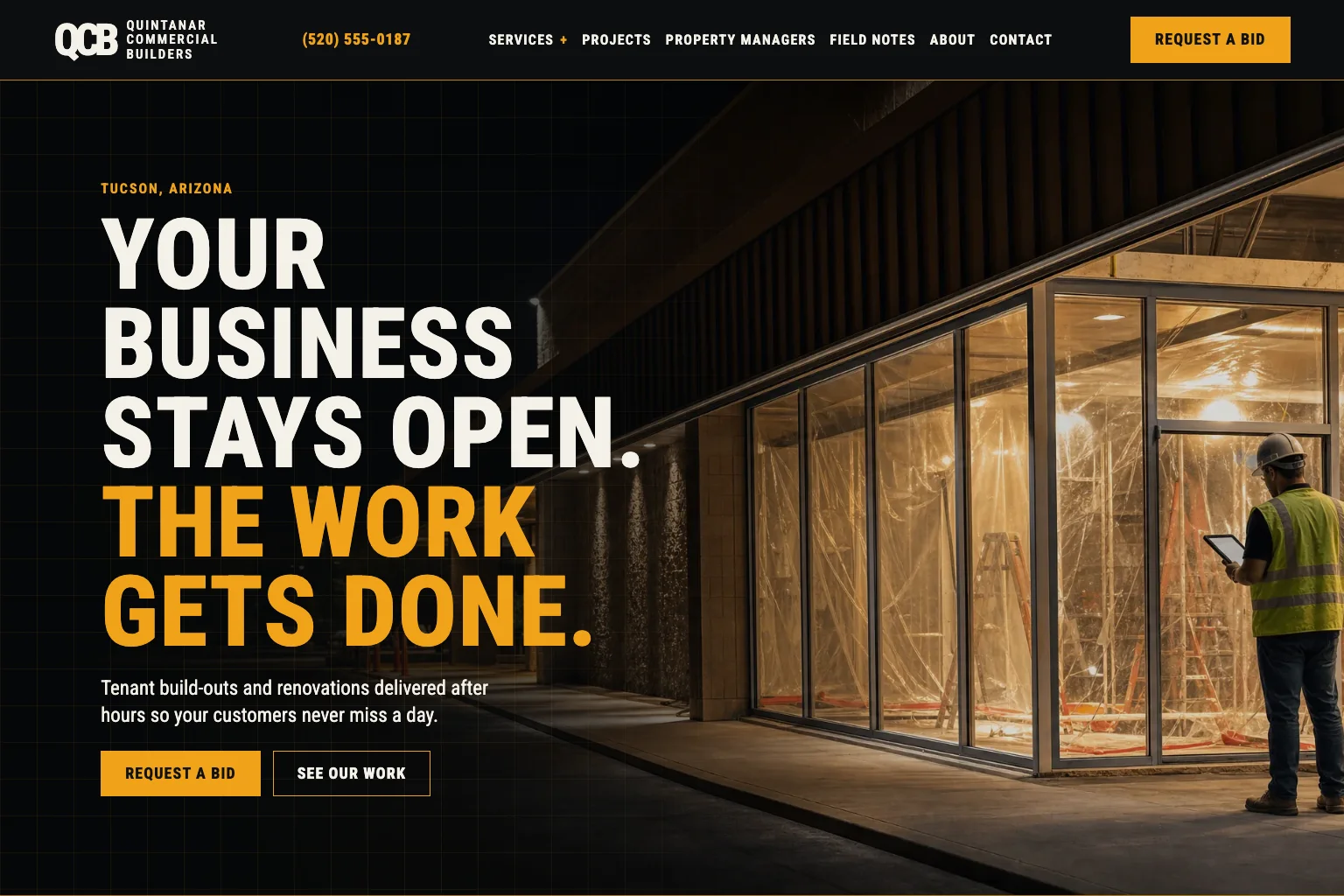 Quintanar Commercial Builders home page, built by Theo