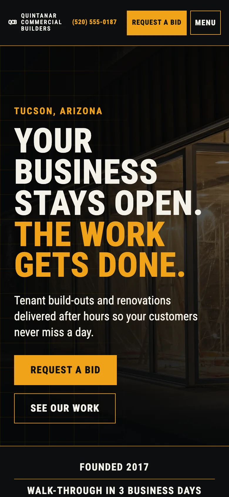 Quintanar Commercial Builders home page on a phone, built by Theo