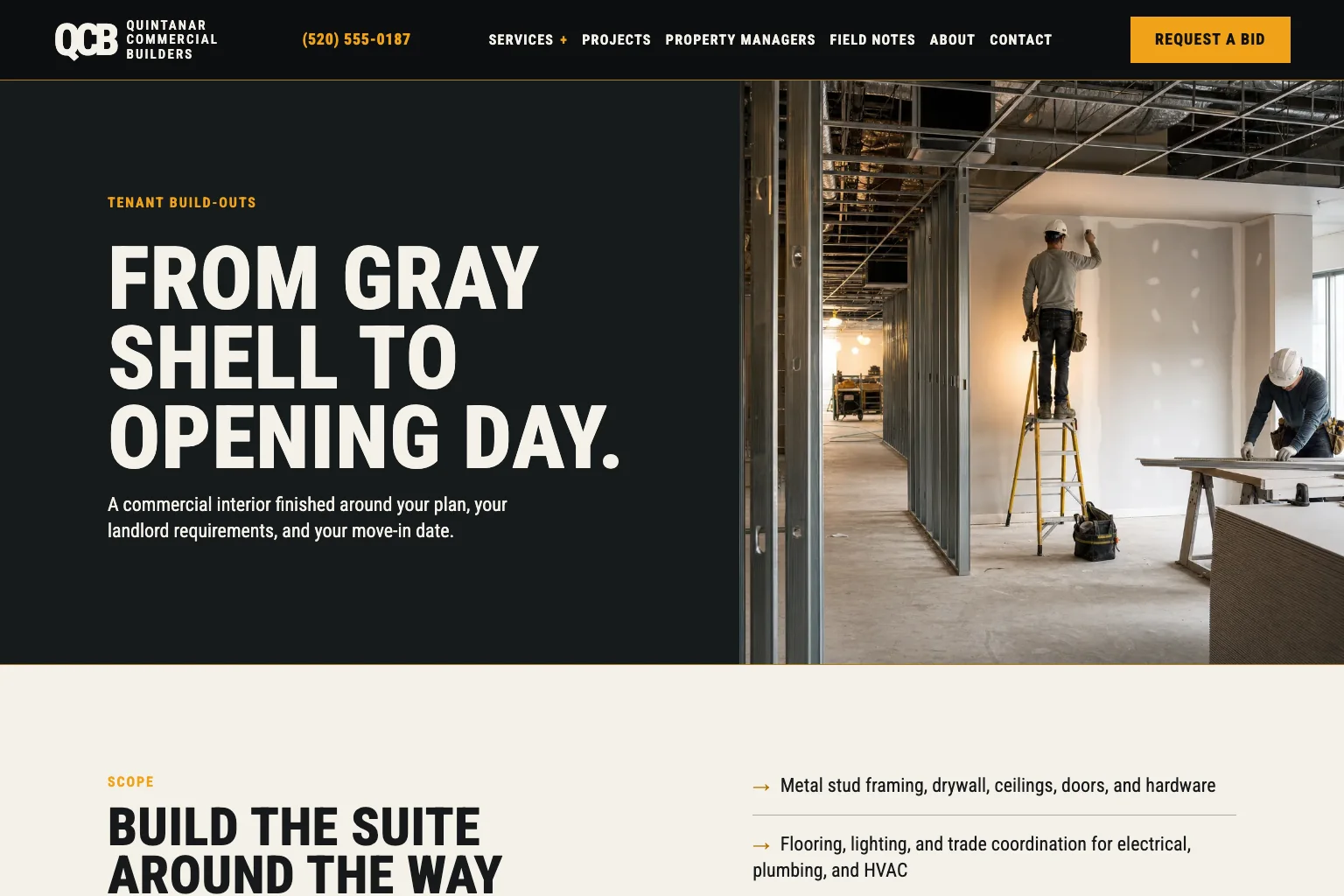 Tenant build-outs page of Quintanar Commercial Builders, built by Theo