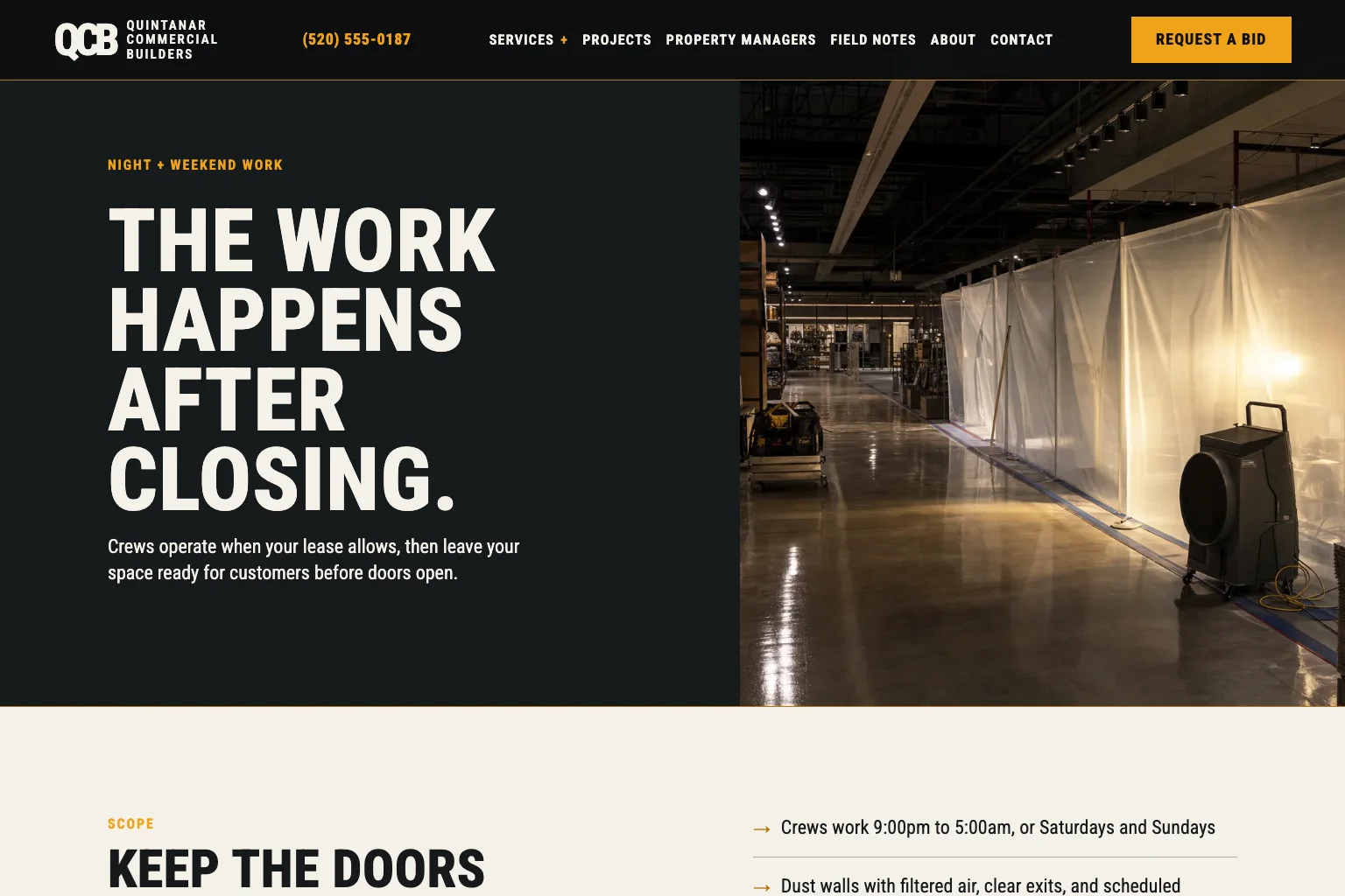 Night and weekend page of Quintanar Commercial Builders, built by Theo