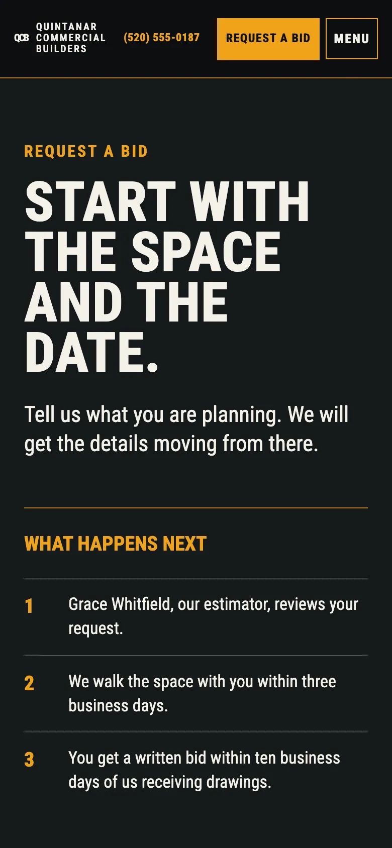 Quintanar Commercial Builders bid request page on a phone, built by Theo, with What happens next in three numbered steps: the estimator reviews the request, a walk of the space within three business days, and a written bid within ten business days of the drawings