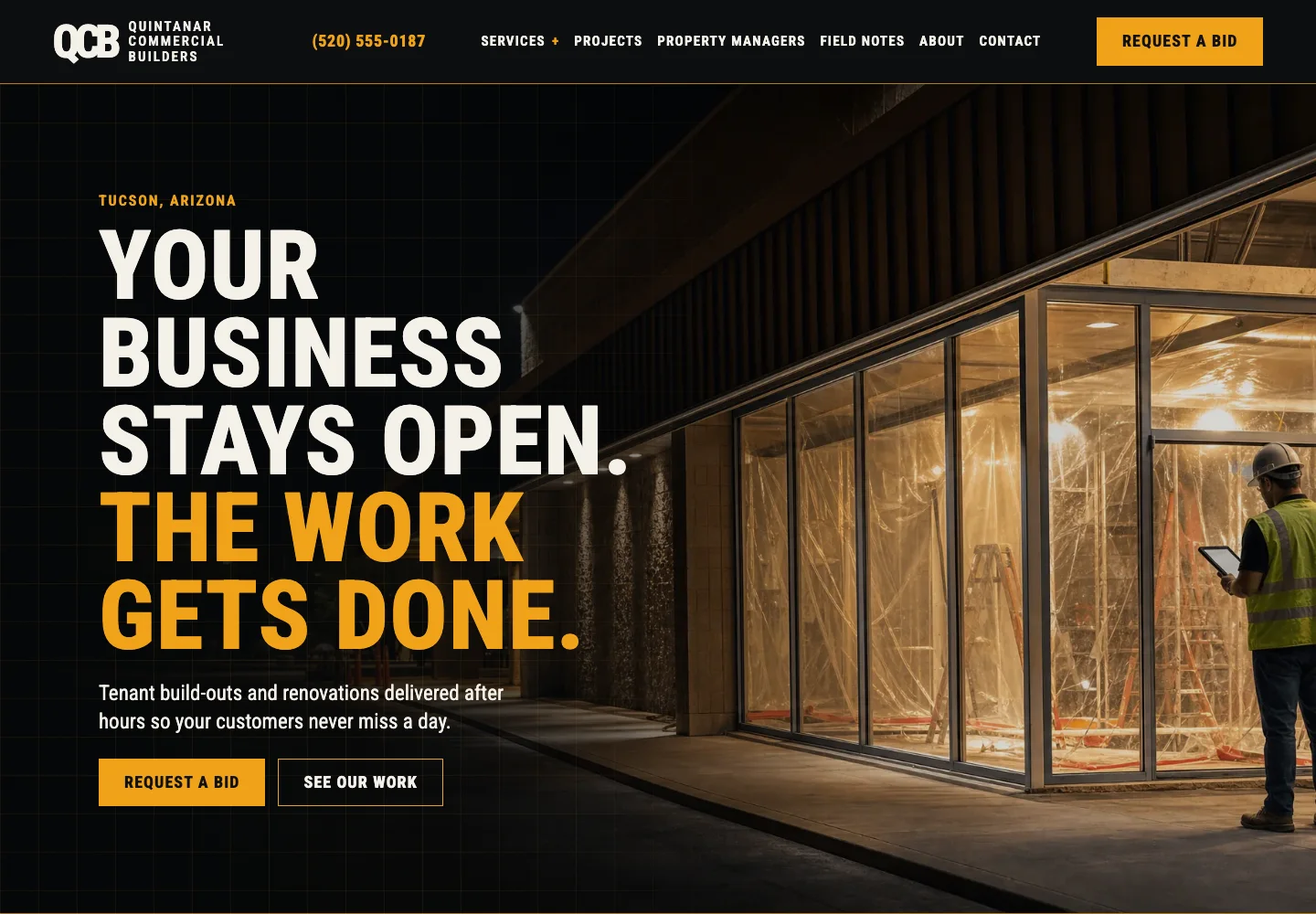 Quintanar Commercial Builders home page, built by Theo: the phone number and a Request a bid button in the header, Tucson, Arizona above the headline, and tenant build-outs and renovations named under it