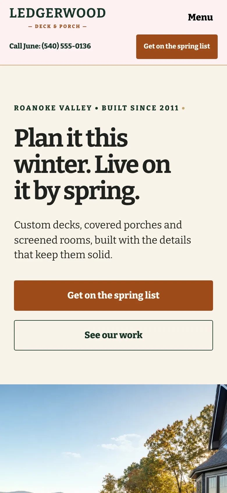 Ledgerwood Deck & Porch home page on a phone, built by Theo