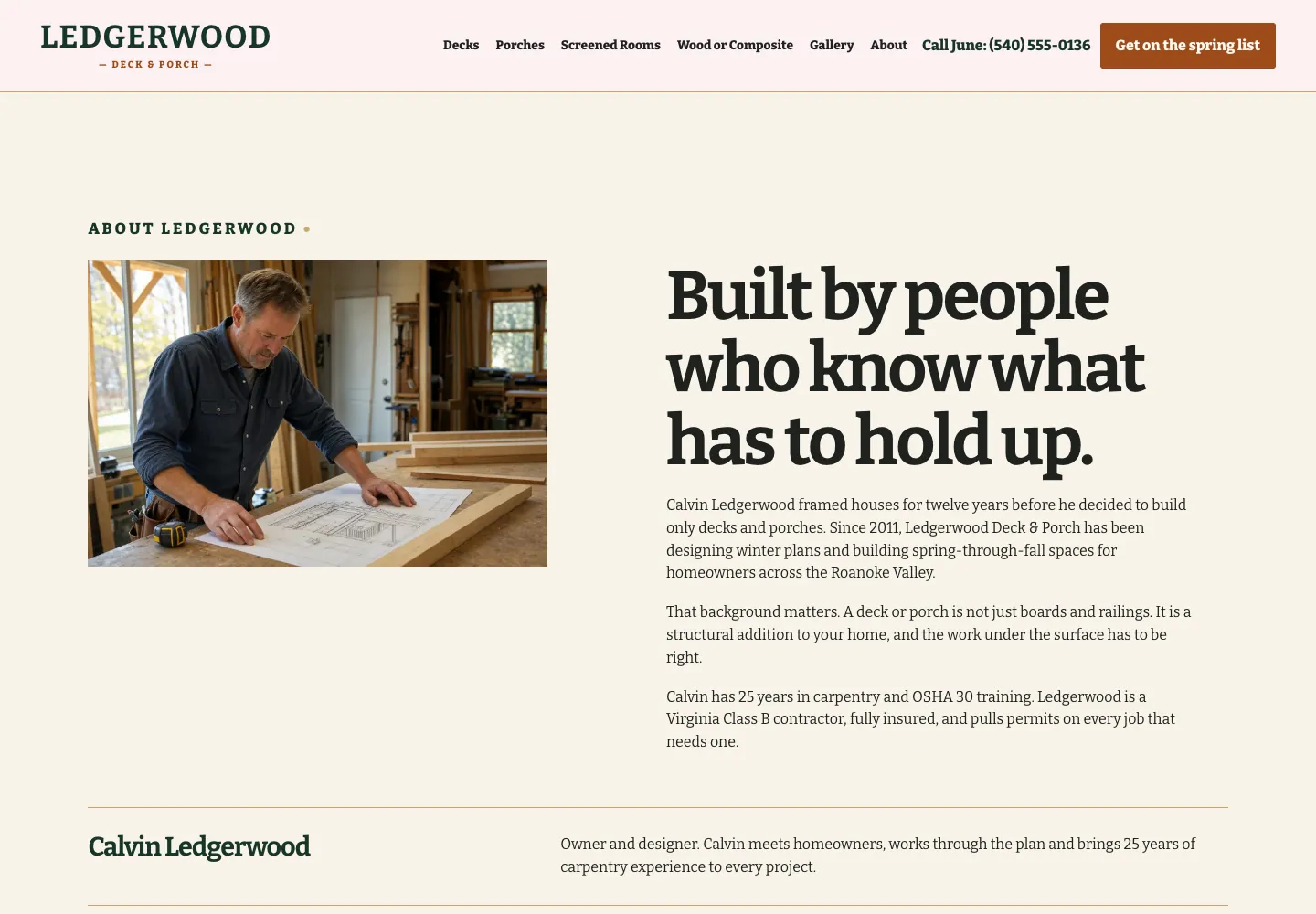 Ledgerwood Deck & Porch About page, built by Theo: the owner at a workbench with plans, beside a paragraph on his 25 years in carpentry, OSHA 30 training, the Virginia Class B license and full insurance