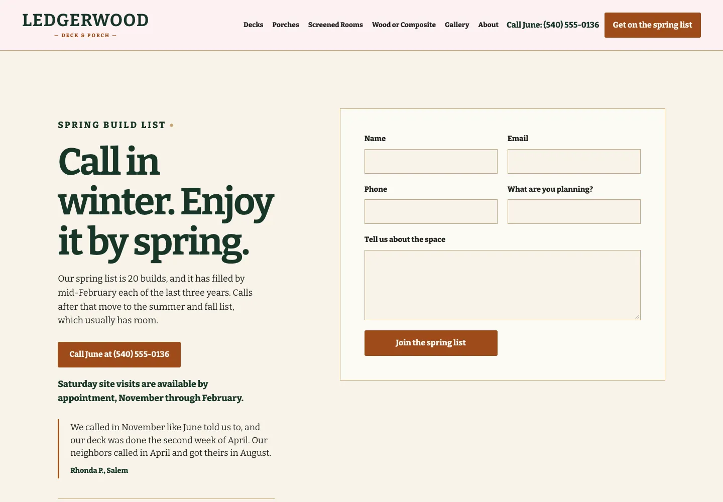 Ledgerwood Deck & Porch spring build list page, built by Theo: a form with five fields (name, email, phone, what you are planning, the space) beside a Call June button with the phone number