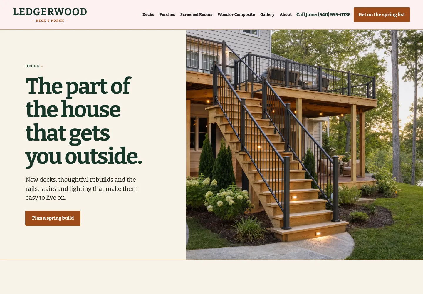 Ledgerwood Deck & Porch Decks page, built by Theo: the headline The part of the house that gets you outside, a Plan a spring build button and a photo of a finished deck with lit stairs