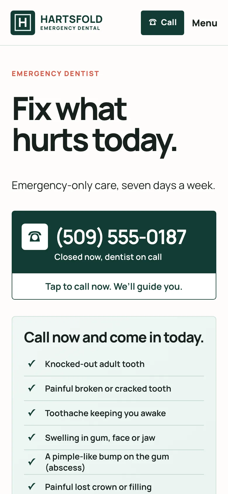 Hartsfold Emergency Dental home page on a phone, built by Theo