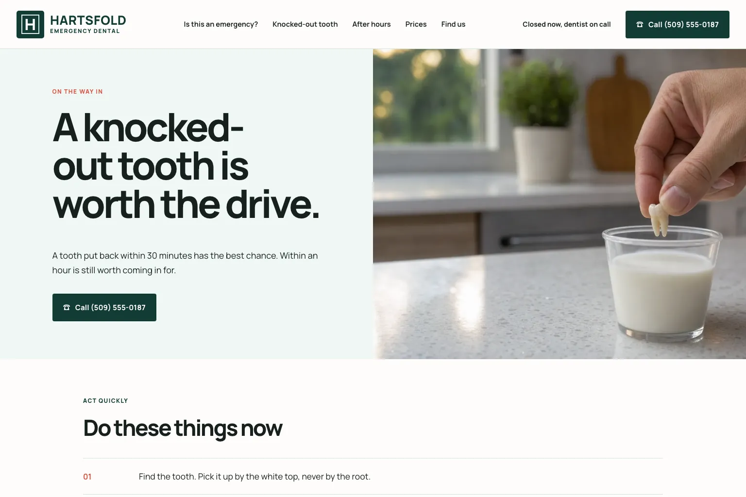 Knocked-out tooth page of Hartsfold Emergency Dental, built by Theo