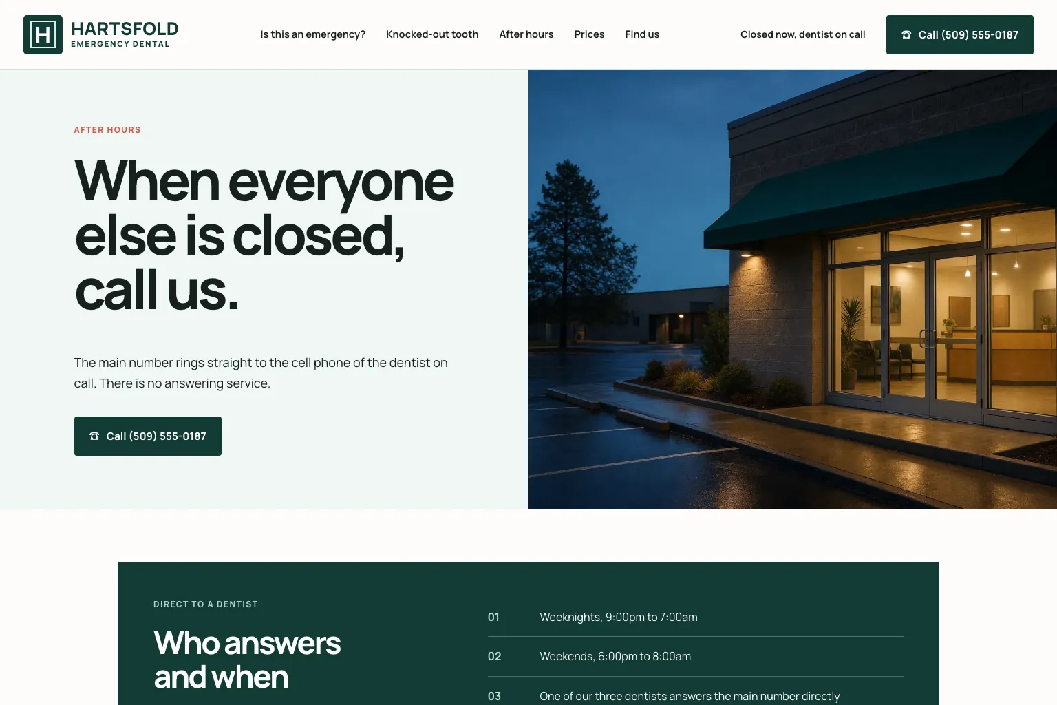 After hours page of Hartsfold Emergency Dental, built by Theo