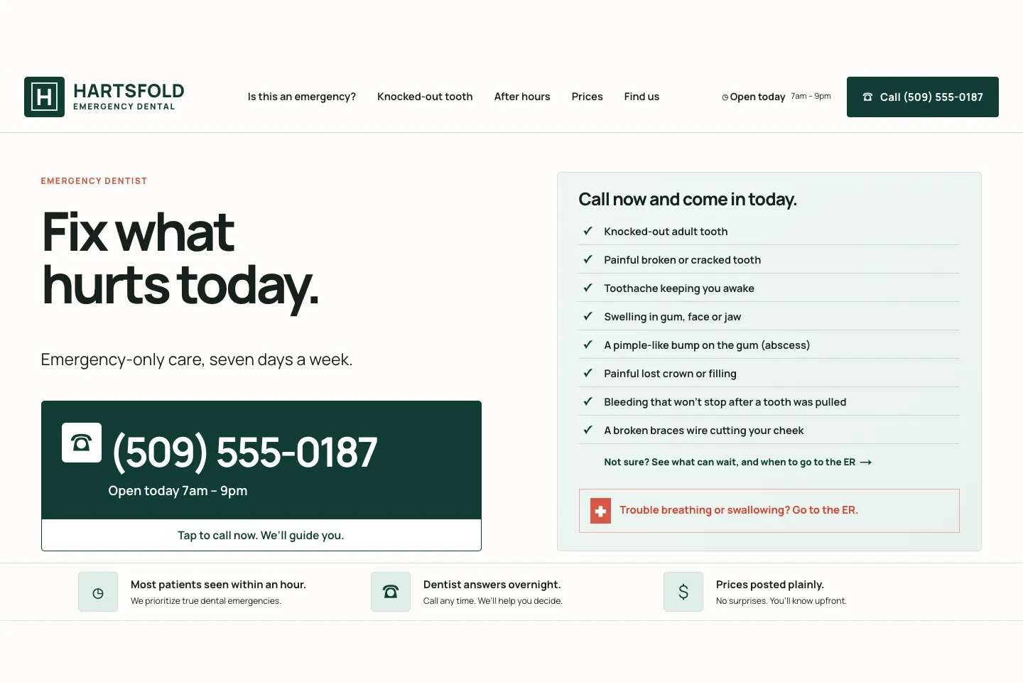 Hartsfold Emergency Dental home page, built by Theo: a dark green Call (509) 555-0187 button in the header beside today’s hours, and a large phone panel that reads Open today 7am to 9pm and Tap to call now. We’ll guide you.