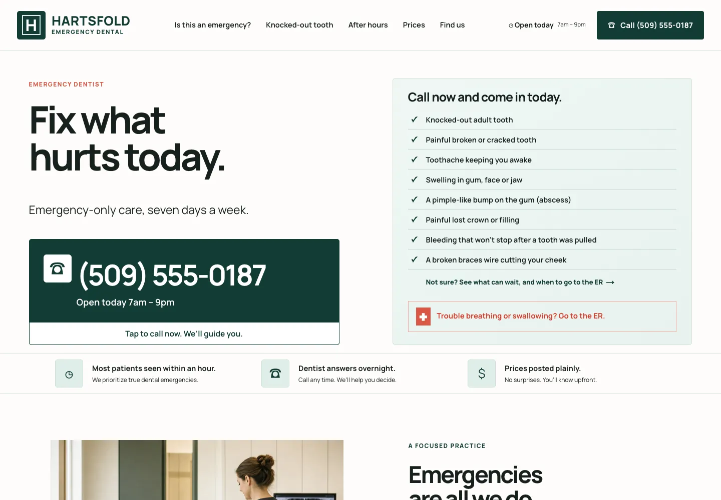 Hartsfold Emergency Dental home page, built by Theo: Fix what hurts today, the phone number in a dark box, and beside it the problems that mean call now and come in today