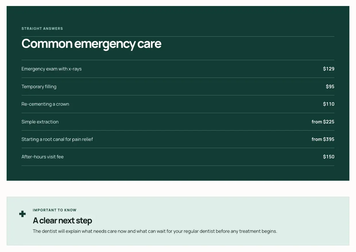 Hartsfold Emergency Dental prices page, built by Theo: six common emergency fees in one list, from the emergency exam with x-rays to the after-hours visit fee, above a note headed A clear next step