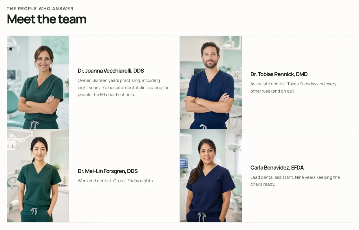 Hartsfold Emergency Dental team page, built by Theo: four cards with a photo, a name with credentials and a line on each person's role, two of them giving a dentist's nights on call
