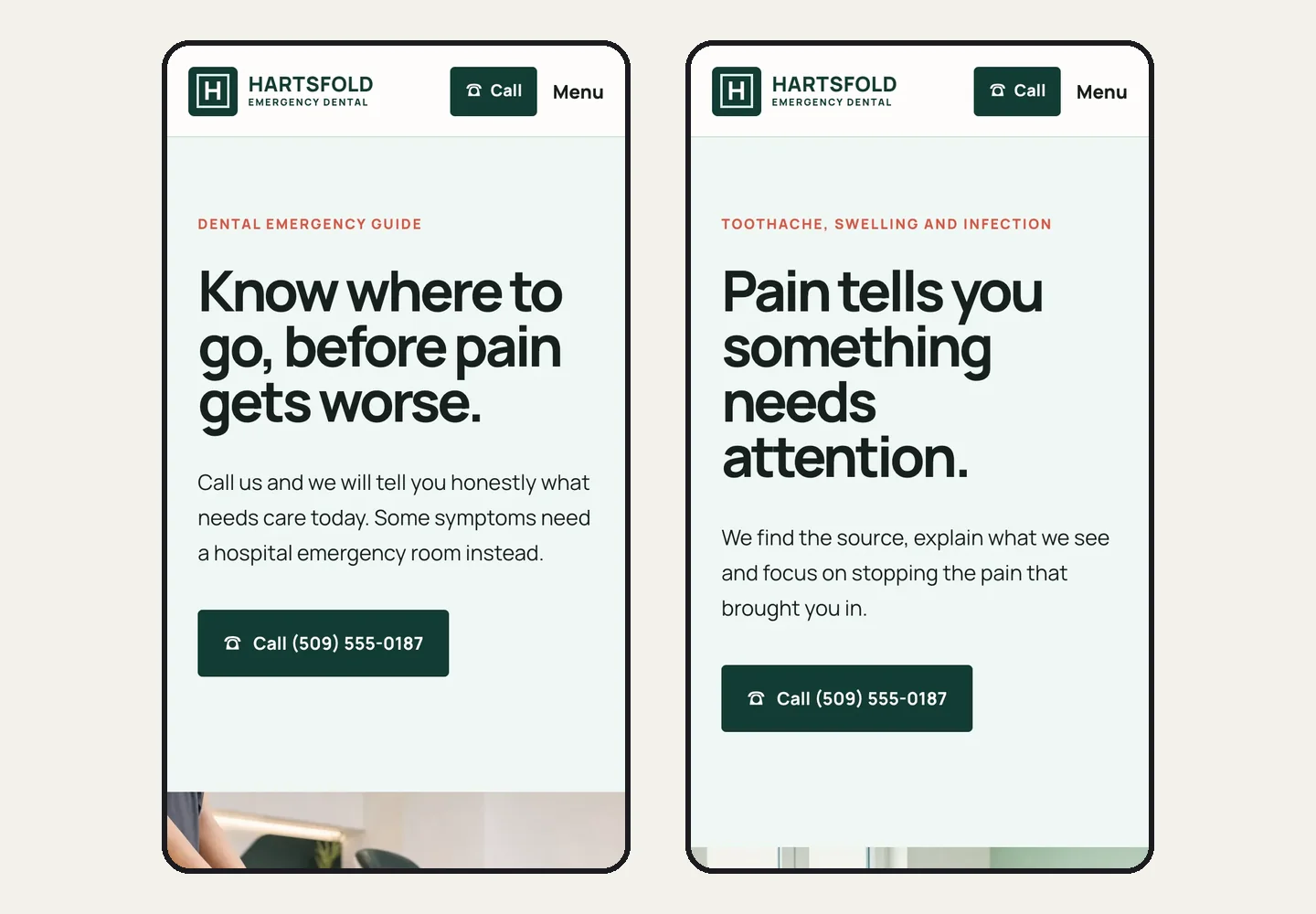 Hartsfold Emergency Dental on a phone, built by Theo: the emergency guide headed Know where to go, before pain gets worse, beside the toothache page headed Pain tells you something needs attention