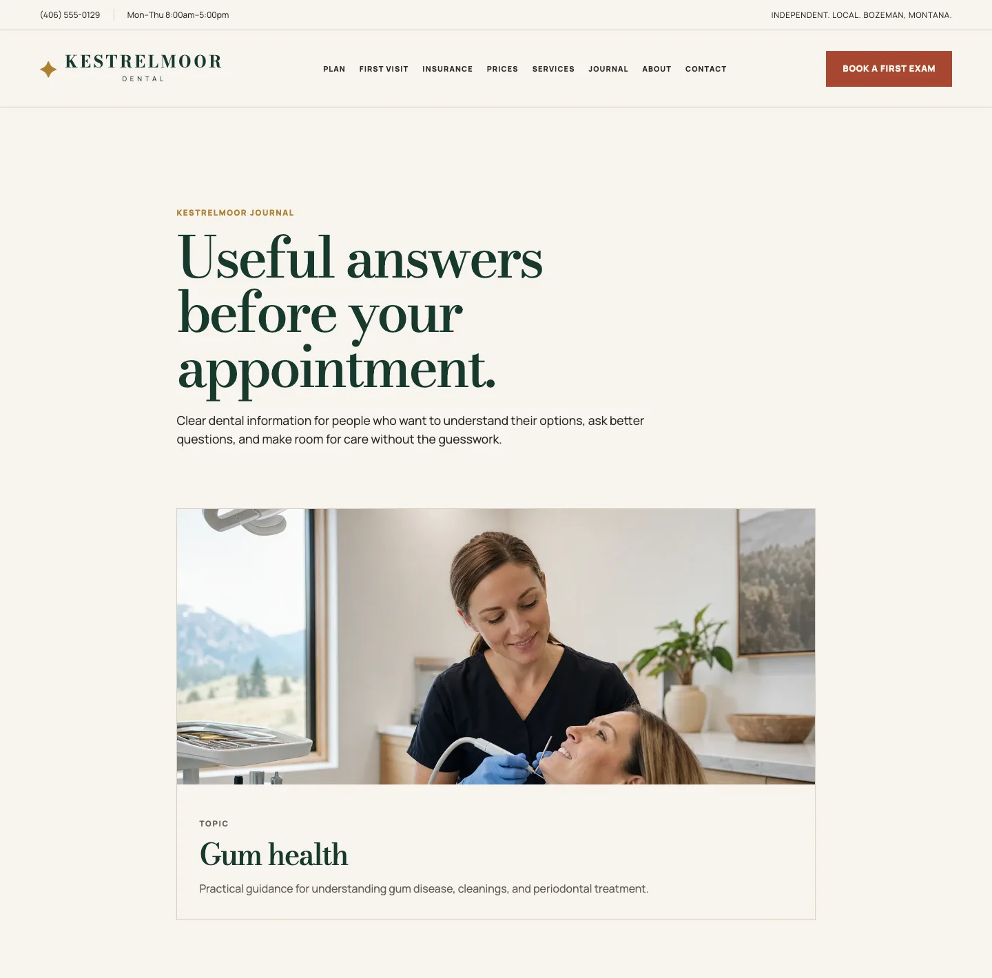 Kestrelmoor Dental's new journal home, built by Theo: the headline Useful answers before your appointment above a card for the Gum health topic, with Journal added to the menu