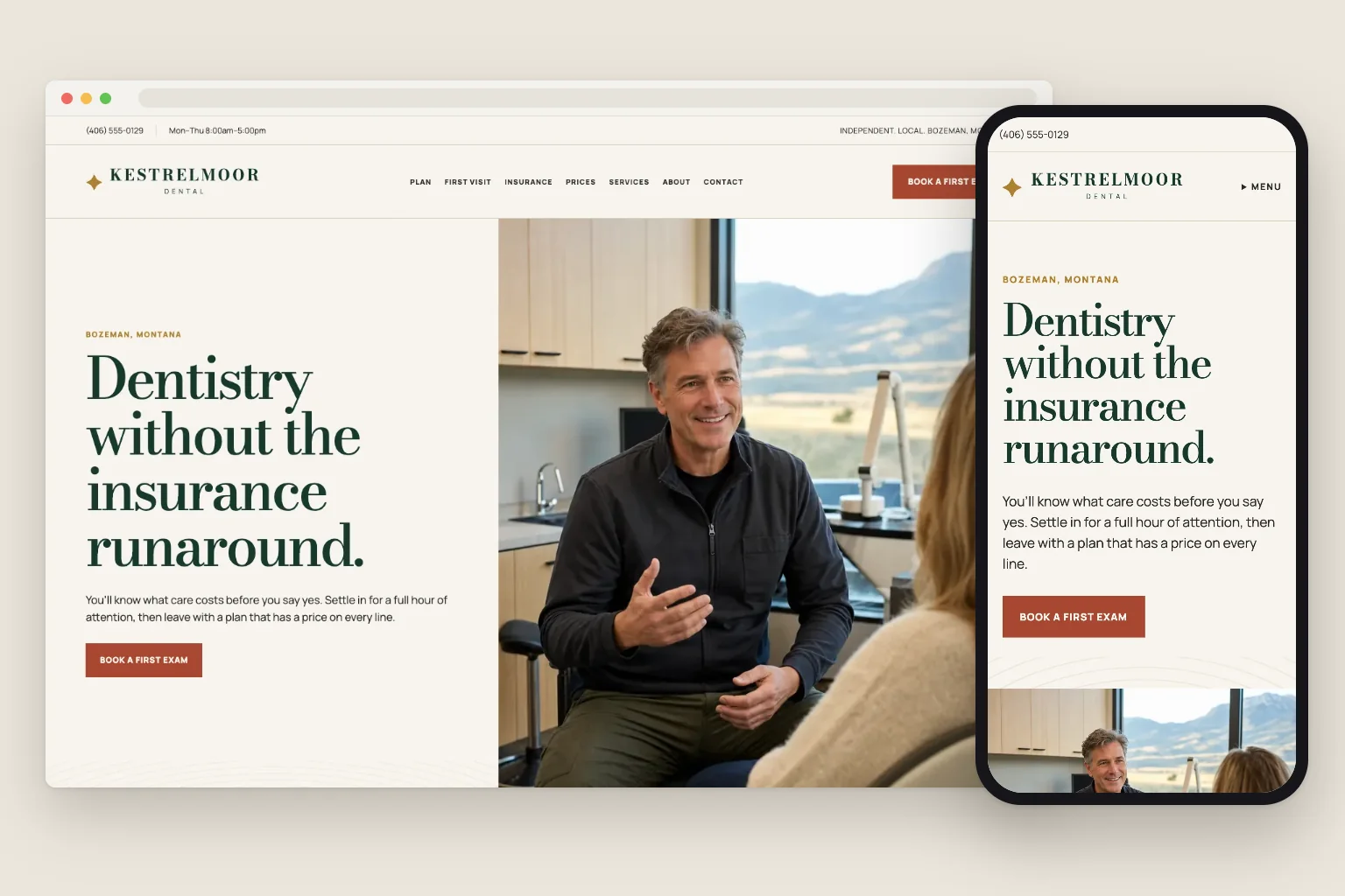 Kestrelmoor Dental home page on a computer and a phone, built by Theo