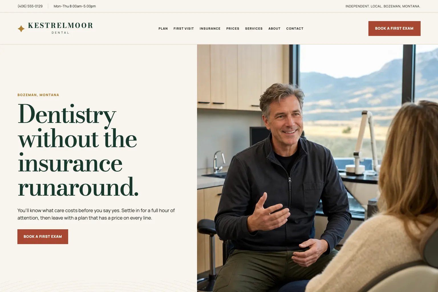 Kestrelmoor Dental home page, built by Theo
