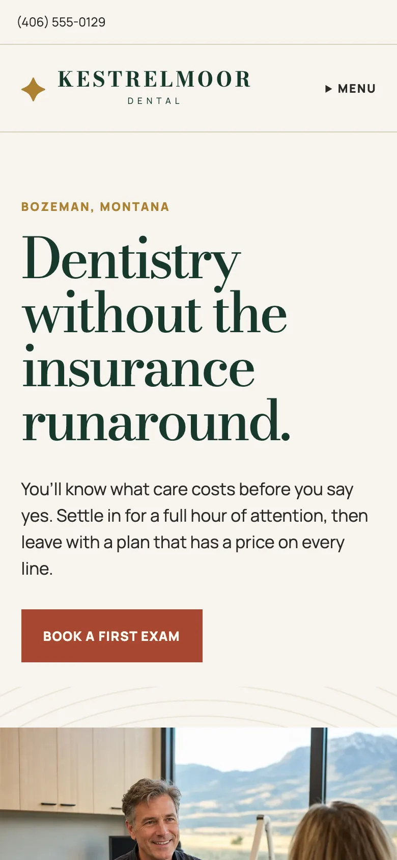 Kestrelmoor Dental home page on a phone, built by Theo