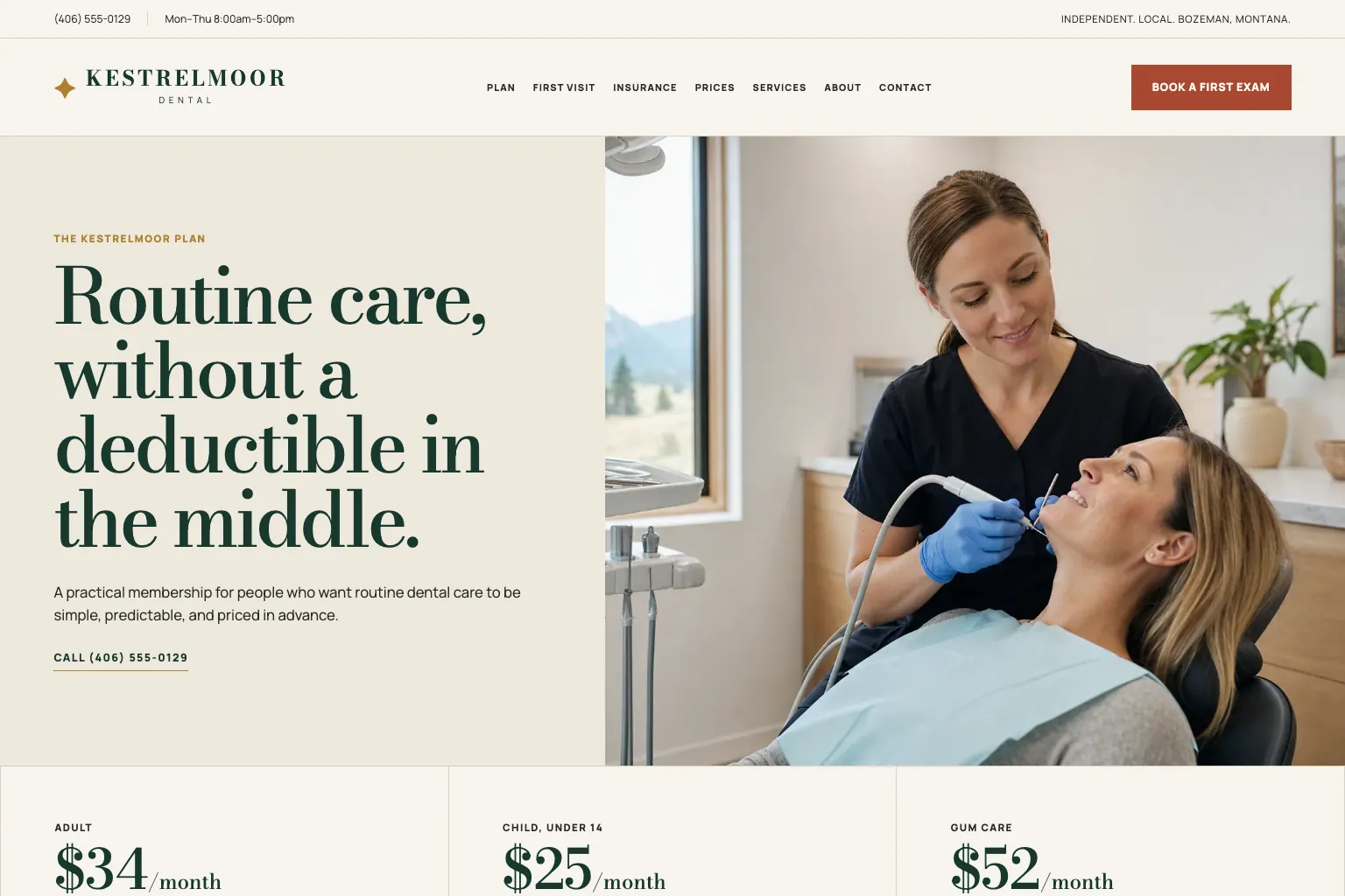 Membership plan page of Kestrelmoor Dental, built by Theo