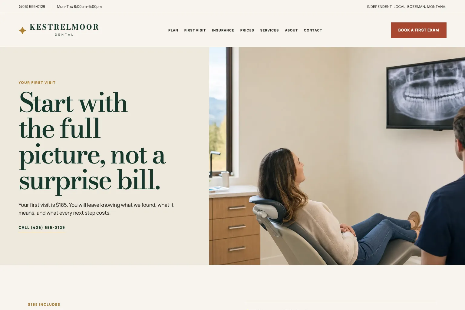 First visit page of Kestrelmoor Dental, built by Theo