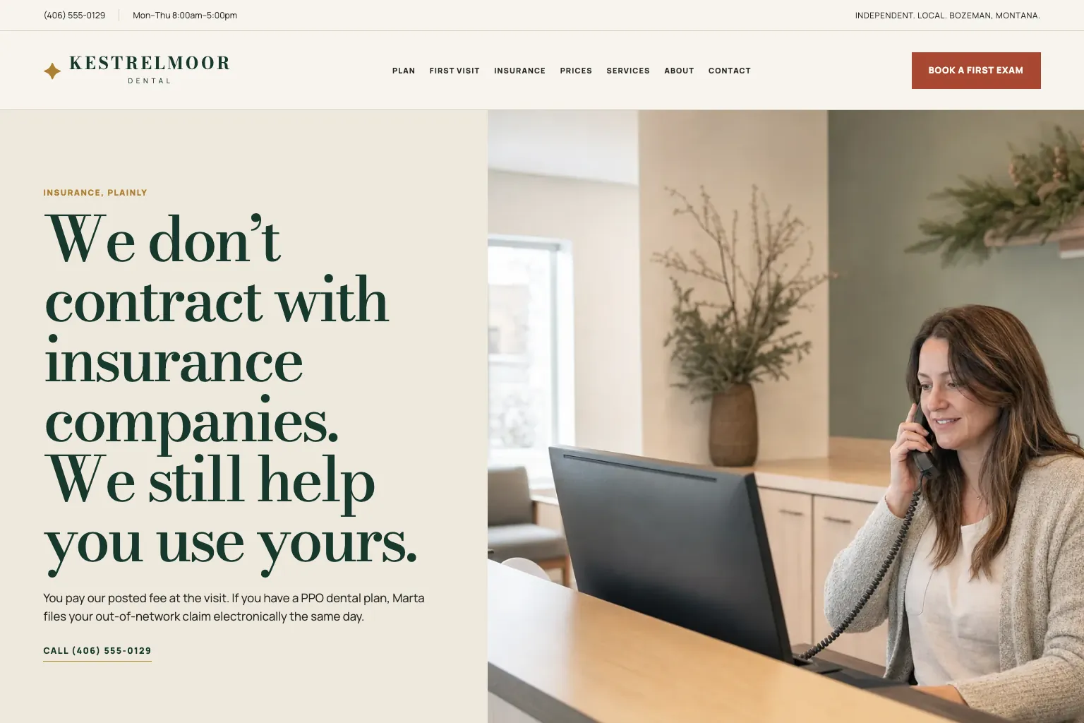 Insurance page of Kestrelmoor Dental, built by Theo