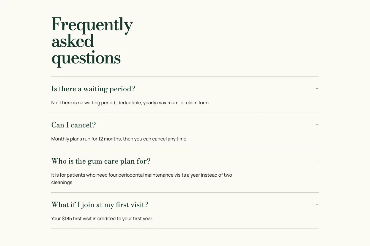 Kestrelmoor Dental membership plan FAQ, built by Theo: four answers opened, from Is there a waiting period? to What if I join at my first visit?