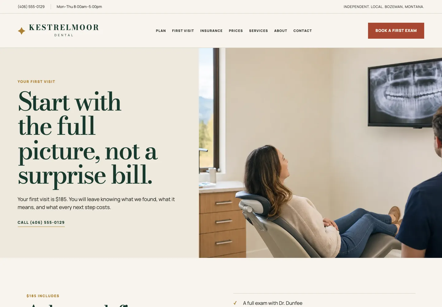 First visit page of Kestrelmoor Dental, built by Theo