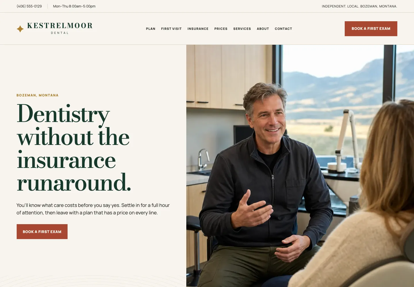 Kestrelmoor Dental home page, built by Theo: a menu of Plan, First visit, Insurance, Prices, Services, About and Contact, a Book a first exam button, and the headline Dentistry without the insurance runaround