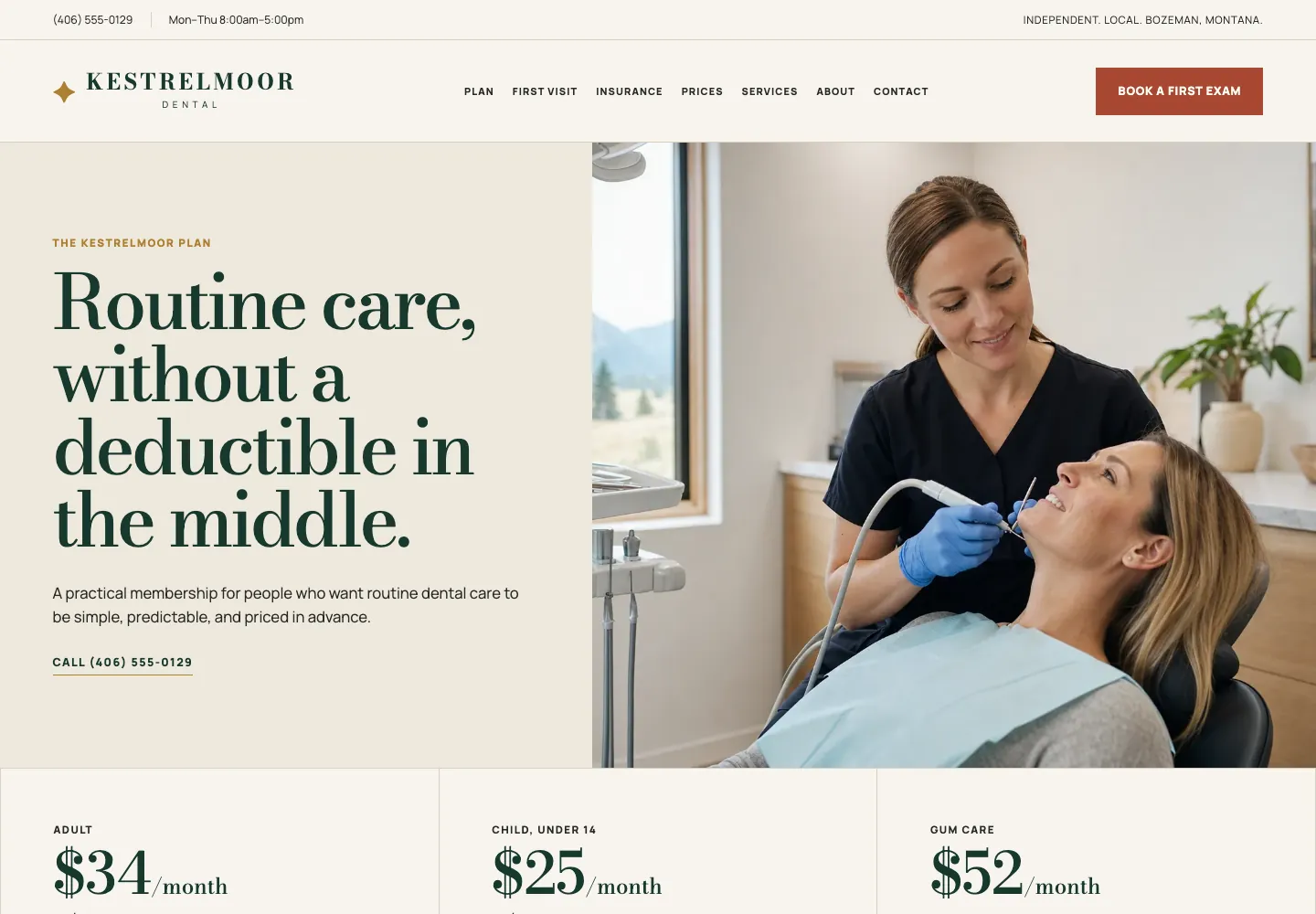 Kestrelmoor Dental membership plan page, built by Theo: the headline Routine care, without a deductible in the middle and monthly prices for adult, child and gum care plans