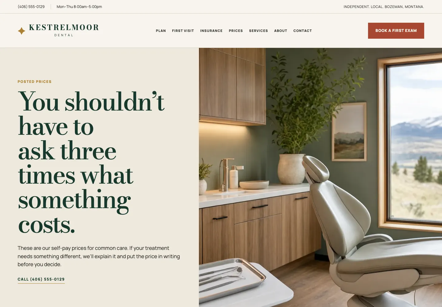 Prices page of Kestrelmoor Dental, built by Theo