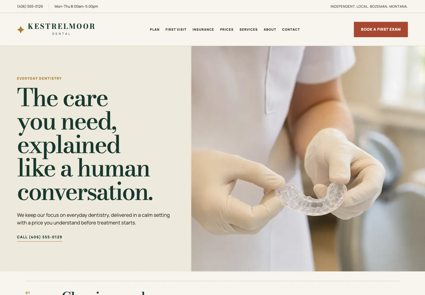 Services page of Kestrelmoor Dental, built by Theo