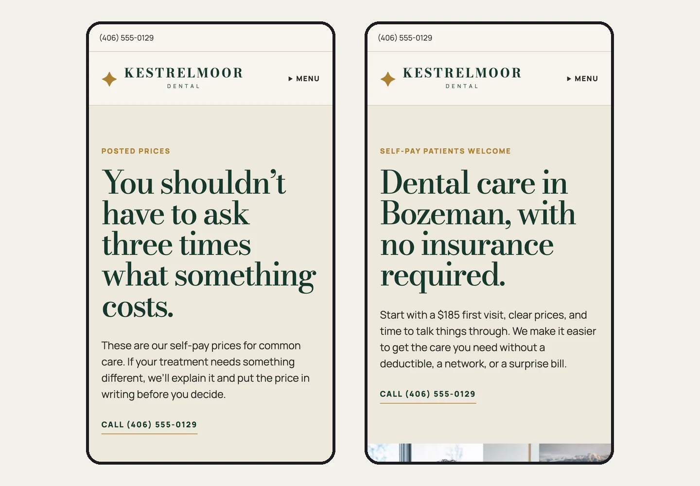 Kestrelmoor Dental on a phone, built by Theo: the prices page headed You shouldn't have to ask three times what something costs, beside the no-insurance page the run wrote