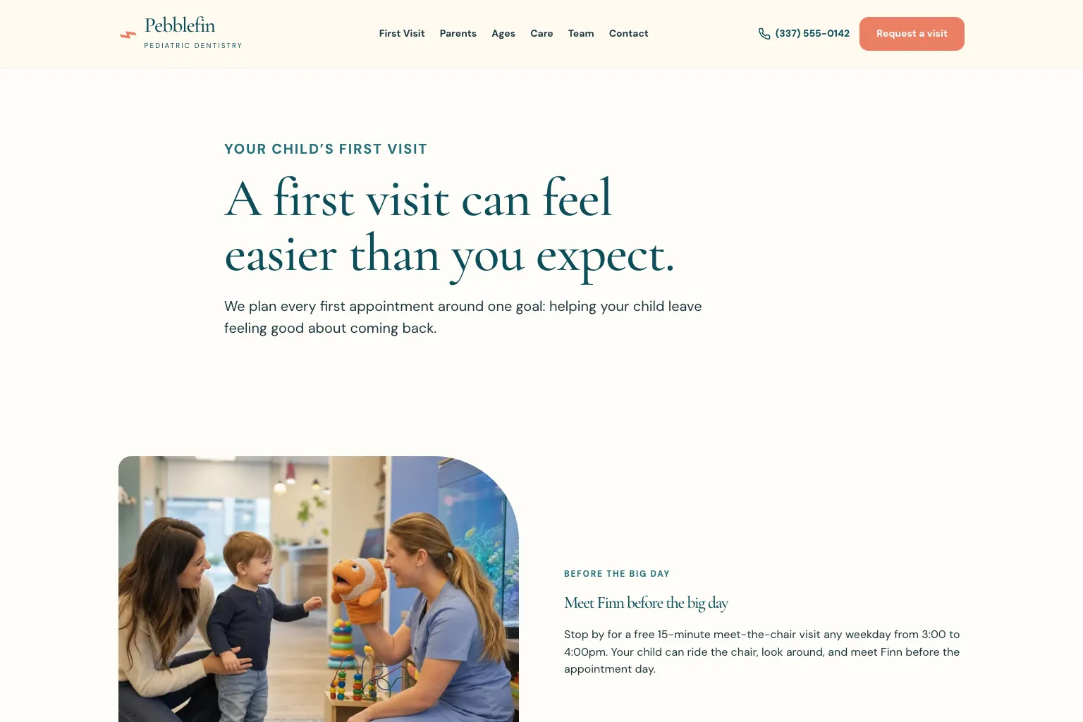 First visit page of Pebblefin Pediatric Dentistry, built by Theo