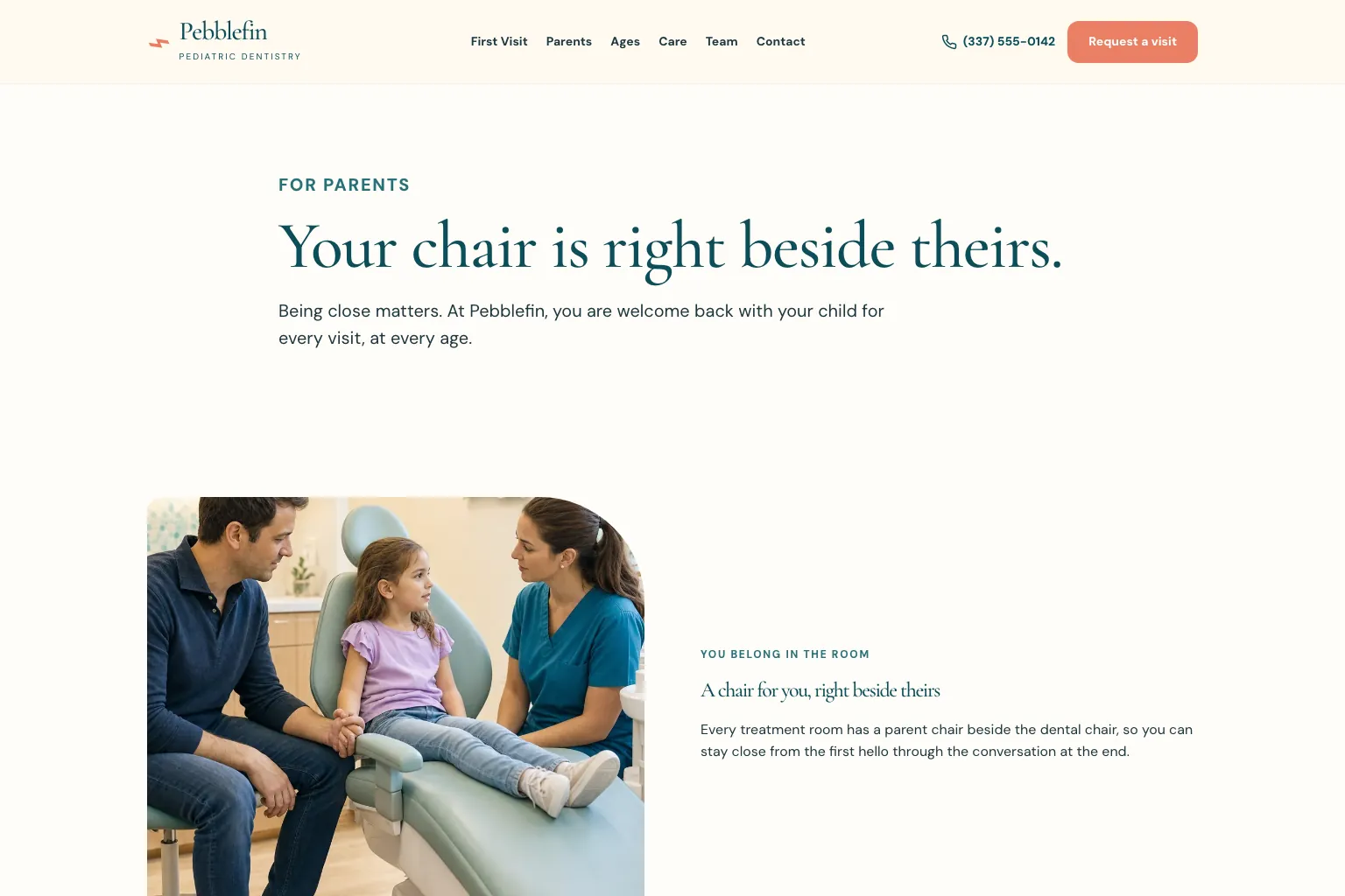 Stay in the room page of Pebblefin Pediatric Dentistry, built by Theo