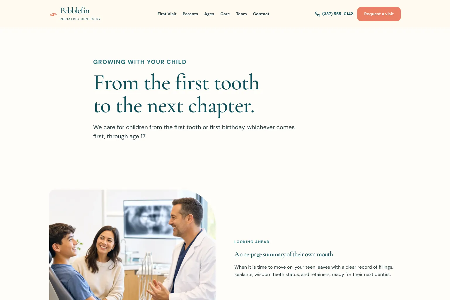 Ages we see page of Pebblefin Pediatric Dentistry, built by Theo